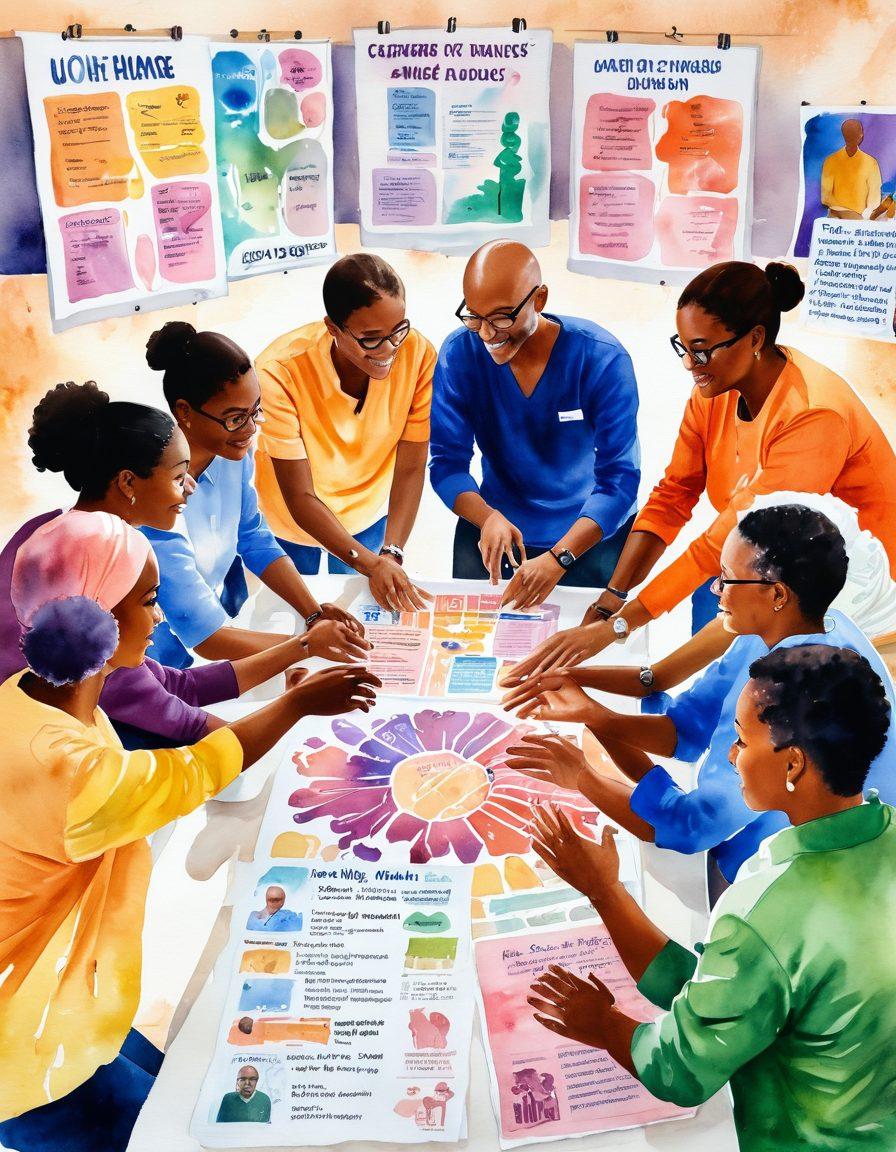 A vibrant scene showcasing a diverse group of individuals engaged in a workshop on cancer care advocacy, surrounded by informative posters and interactive displays about cancer awareness. Include elements symbolizing unity, such as linked hands, and soft, warm lighting to create an inviting atmosphere. Capture the essence of empowerment through knowledge in an inspiring way. watercolor painting. vivid colors. uplifting tone.