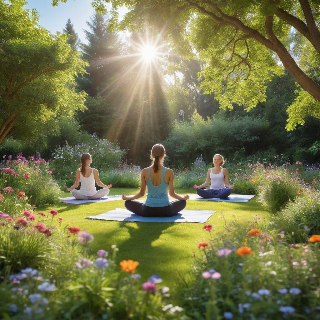 A serene scene showcasing a diverse group of individuals engaged in holistic health activities, such as yoga and meditation, in a lush garden with vibrant flowers. Include elements that represent oncology, like awareness ribbons subtly integrated into nature. Include a clear blue sky and soft sunlight to create a hopeful atmosphere. Add symbols of clinical trials like lab equipment and charts in the background, blending seamlessly with the wellness theme. super-realistic. vibrant colors. 3D.